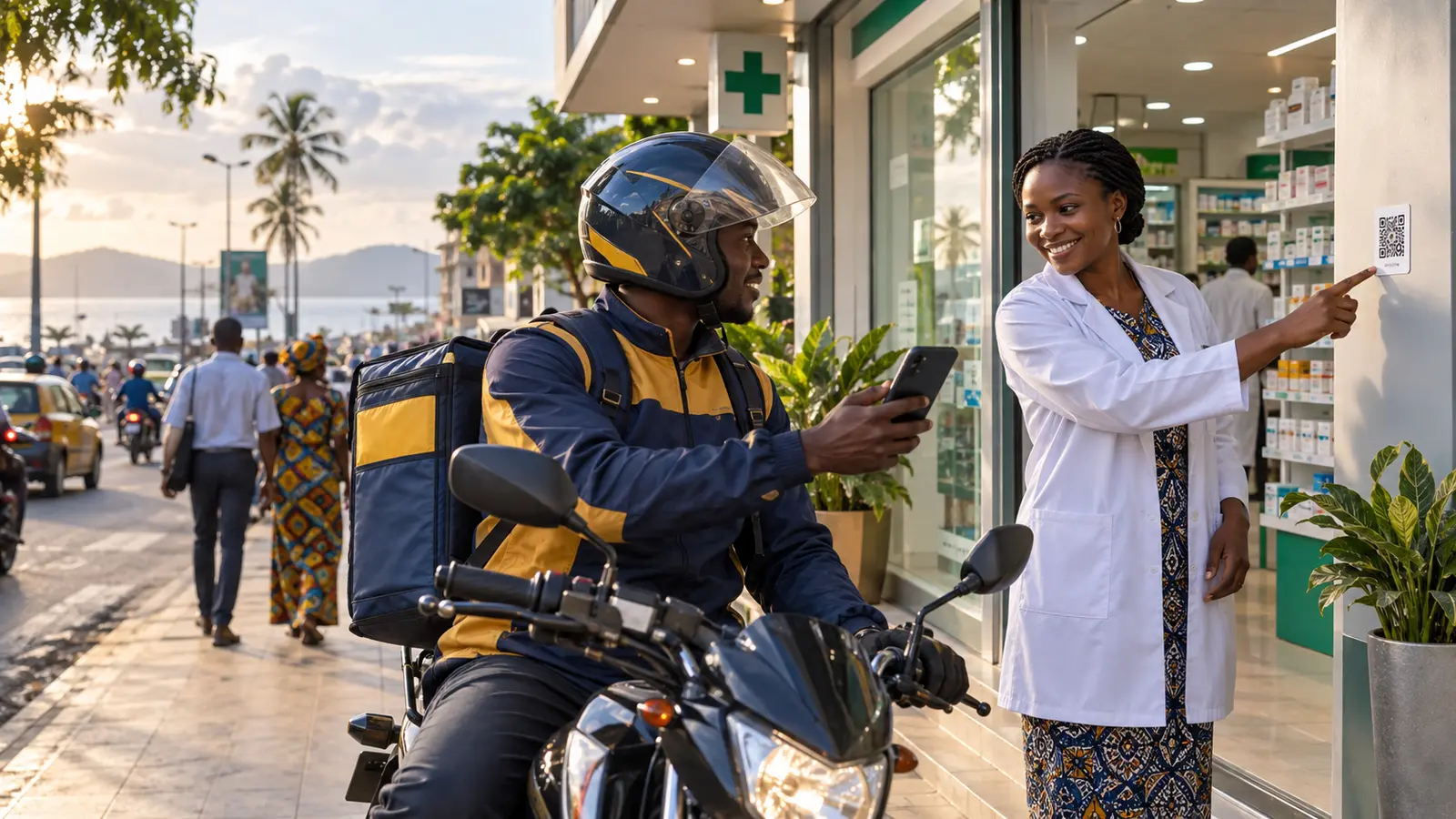 Un coursier arrive devant une pharmacie grâce à une adresse digitale